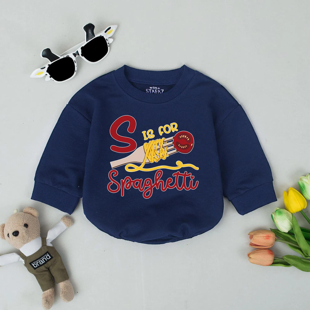 S is for Spaghetti Baby Romper with Cartoon Fork and Noodles Fun Foodie Infant Outfit Italian Toddler Clothes Cute Baby Shower Gift