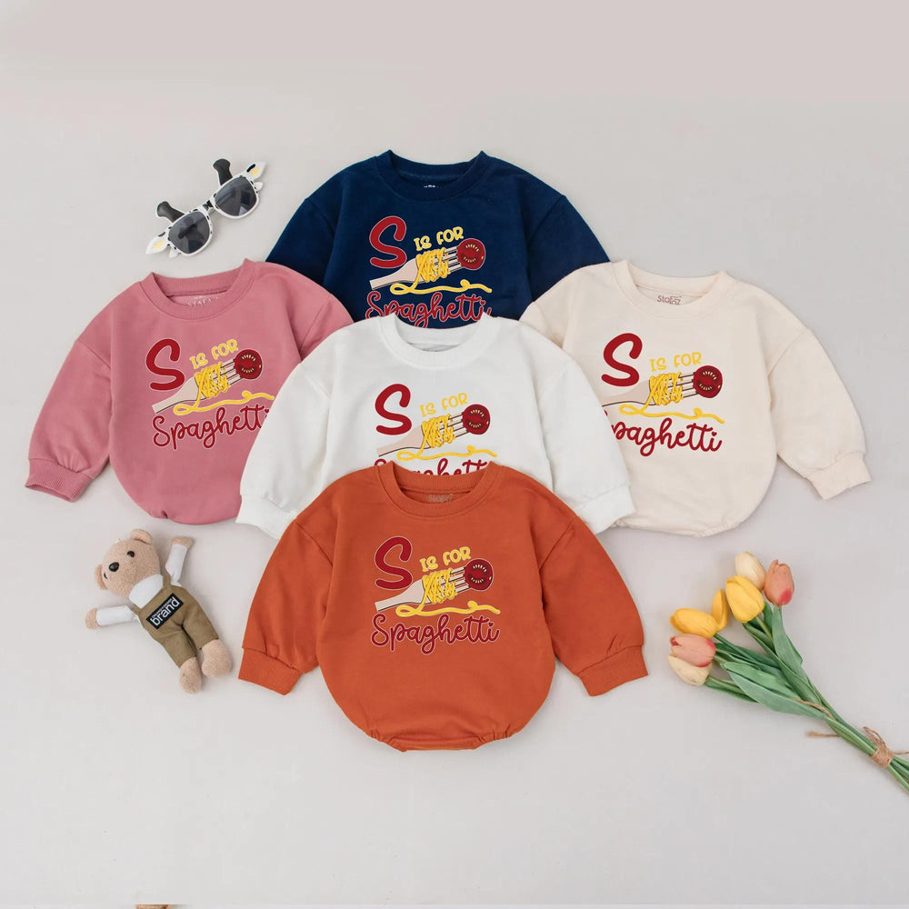 S is for Spaghetti Baby Romper with Cartoon Fork and Noodles Fun Foodie Infant Outfit Italian Toddler Clothes Cute Baby Shower Gift