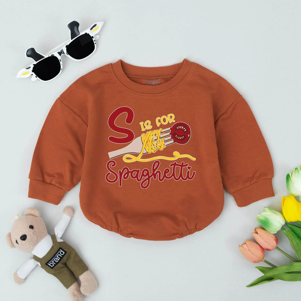 S is for Spaghetti Baby Romper with Cartoon Fork and Noodles Fun Foodie Infant Outfit Italian Toddler Clothes Cute Baby Shower Gift