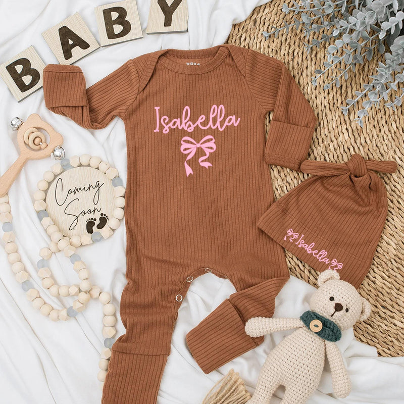 Isabella Baby Girl Bodysuit with Pink Bow Sweet Personalized Outfit Infant Newborn Coming Home Gift for Baby Shower or Birthday