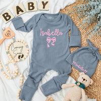 Isabella Baby Girl Bodysuit with Pink Bow Sweet Personalized Outfit Infant Newborn Coming Home Gift for Baby Shower or Birthday