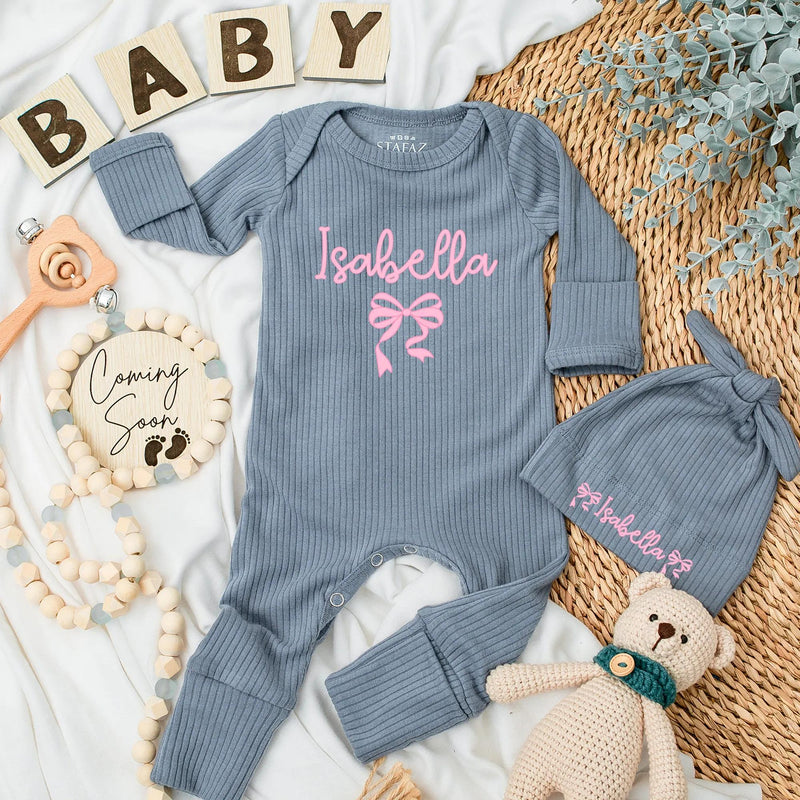 Isabella Baby Girl Bodysuit with Pink Bow Sweet Personalized Outfit Infant Newborn Coming Home Gift for Baby Shower or Birthday