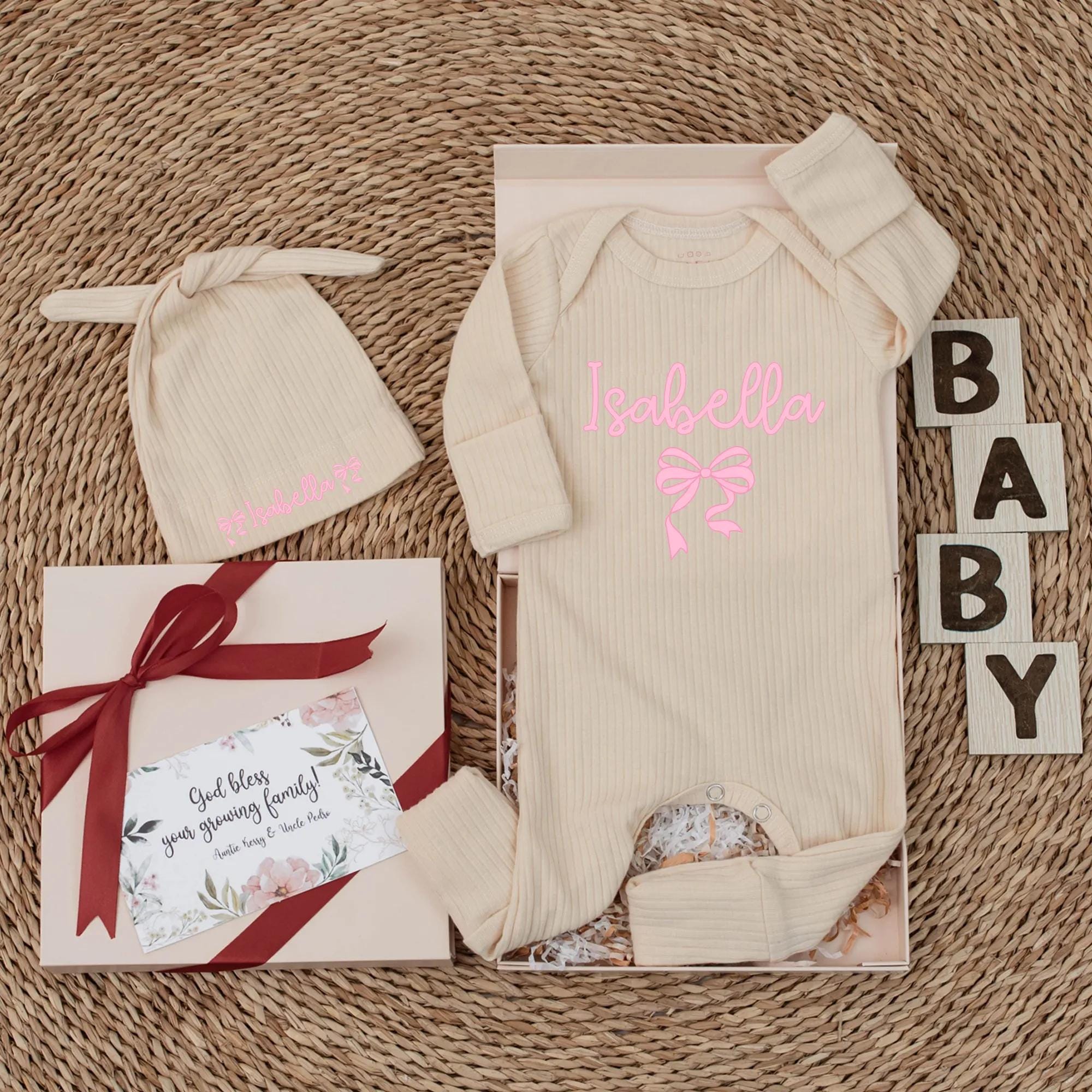 Isabella Baby Girl Bodysuit with Pink Bow Sweet Personalized Outfit Infant Newborn Coming Home Gift for Baby Shower or Birthday