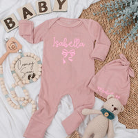 Isabella Baby Girl Bodysuit with Pink Bow Sweet Personalized Outfit Infant Newborn Coming Home Gift for Baby Shower or Birthday