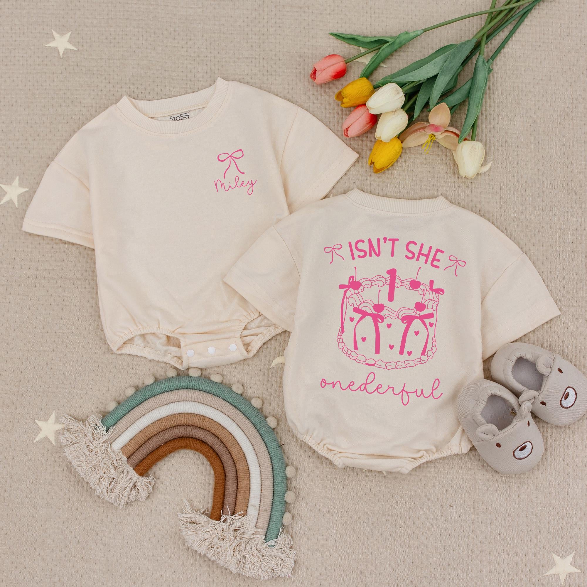 Isn't She Onederful Baby Girl 1st Birthday Bubble Romper with Pink Bow Graphic and Custom Name, Cake Smash Outfit