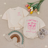 Isn't She Onederful Baby Girl 1st Birthday Bubble Romper with Pink Bow Graphic and Custom Name, Cake Smash Outfit