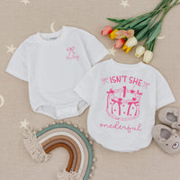 Isn't She Onederful Baby Girl 1st Birthday Bubble Romper with Pink Bow Graphic and Custom Name, Cake Smash Outfit