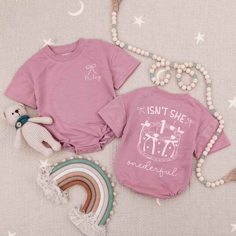 Isn't She Onederful Baby Girl 1st Birthday Bubble Romper with Pink Bow Graphic and Custom Name, Cake Smash Outfit