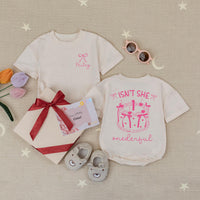 Isn't She Onederful Baby Girl 1st Birthday Bubble Romper with Pink Bow Graphic and Custom Name, Cake Smash Outfit