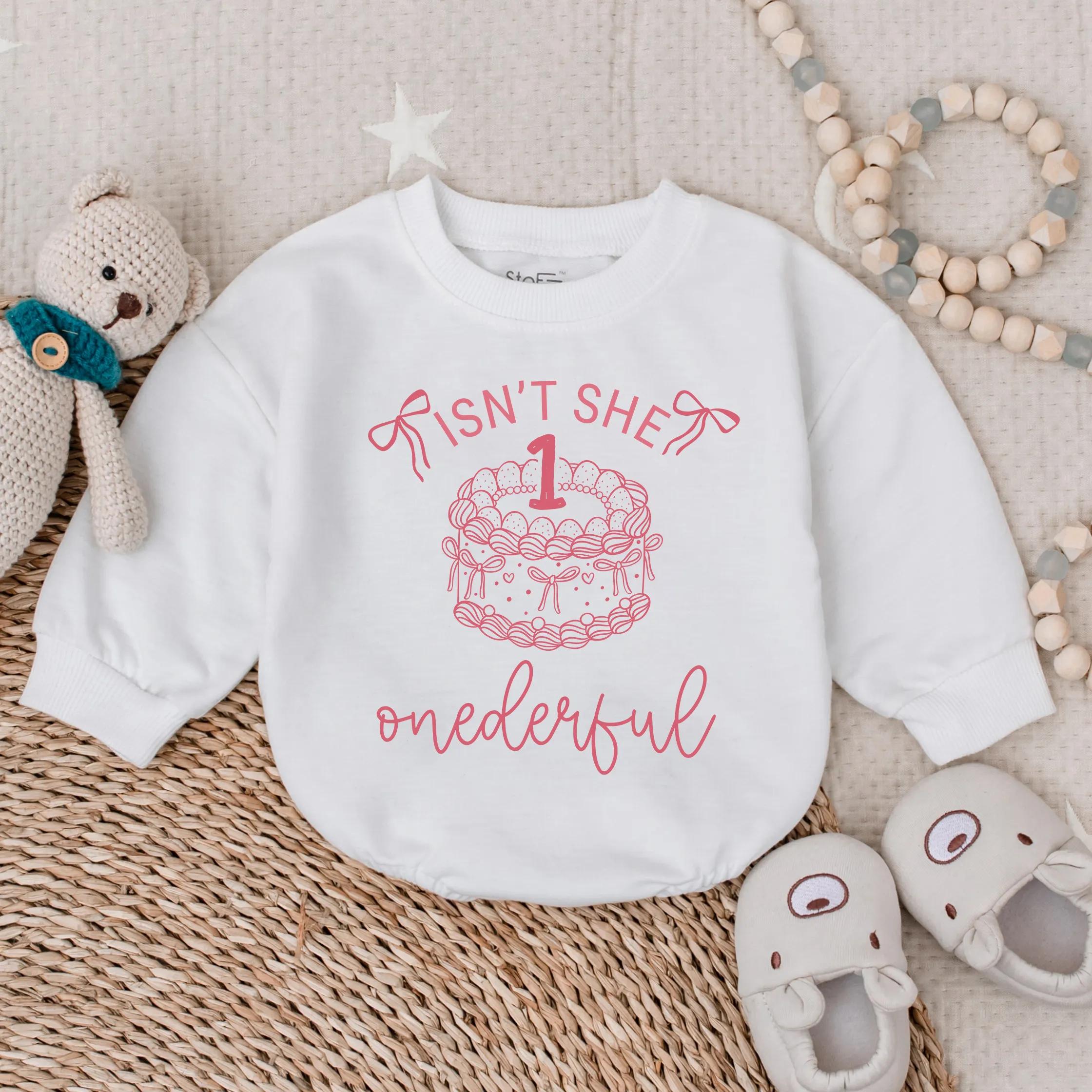 Isn't She Onederful Birthday Romper Soft Pink Cake Design Baby Girl Outfit First Birthday Gift Toddler Party Clothes Whimsical Script