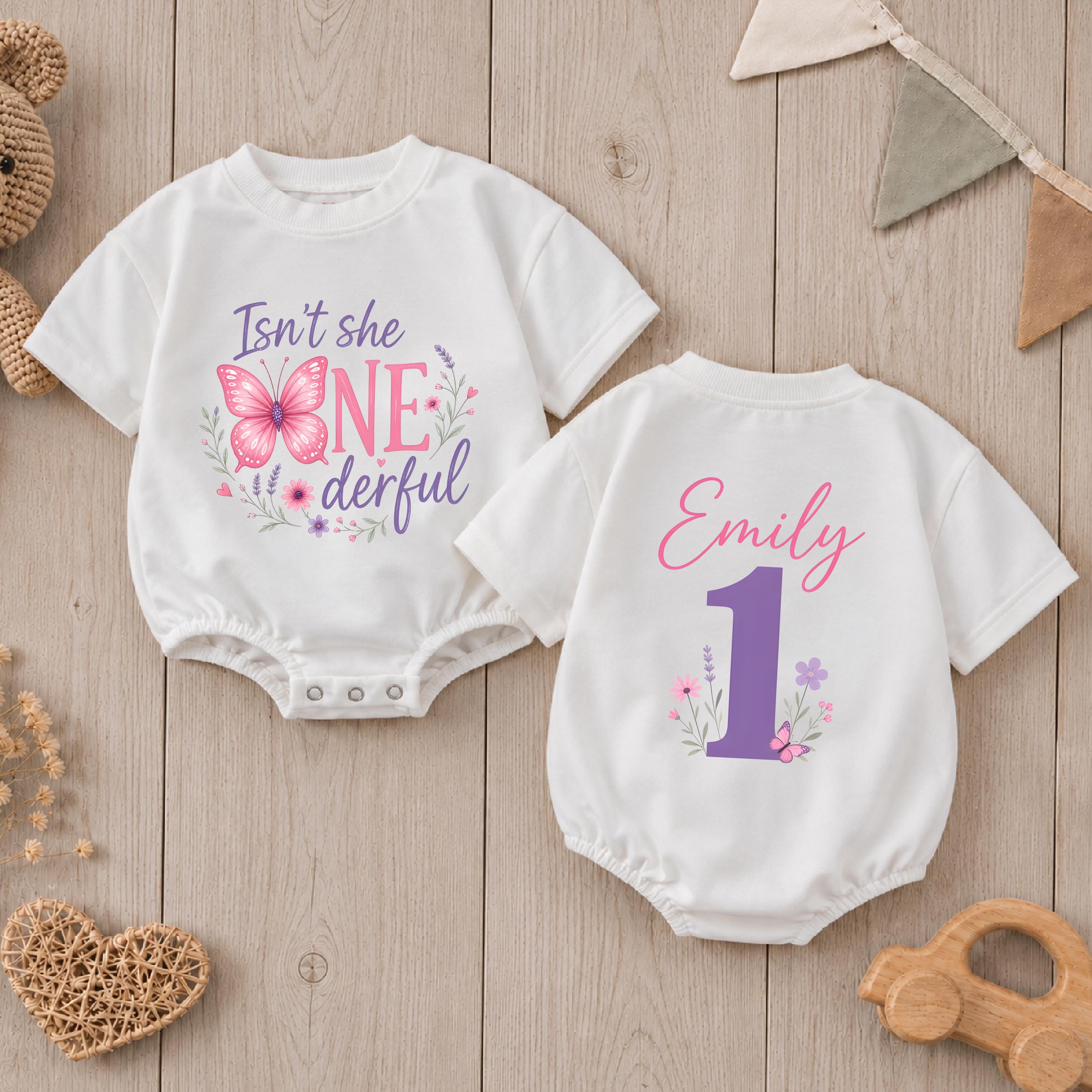 Isn't She ONEderful Butterfly Birthday Romper with Custom Name, Girl's 1st Birthday Cake Smash Outfit, Floral Baby Bubble Romper