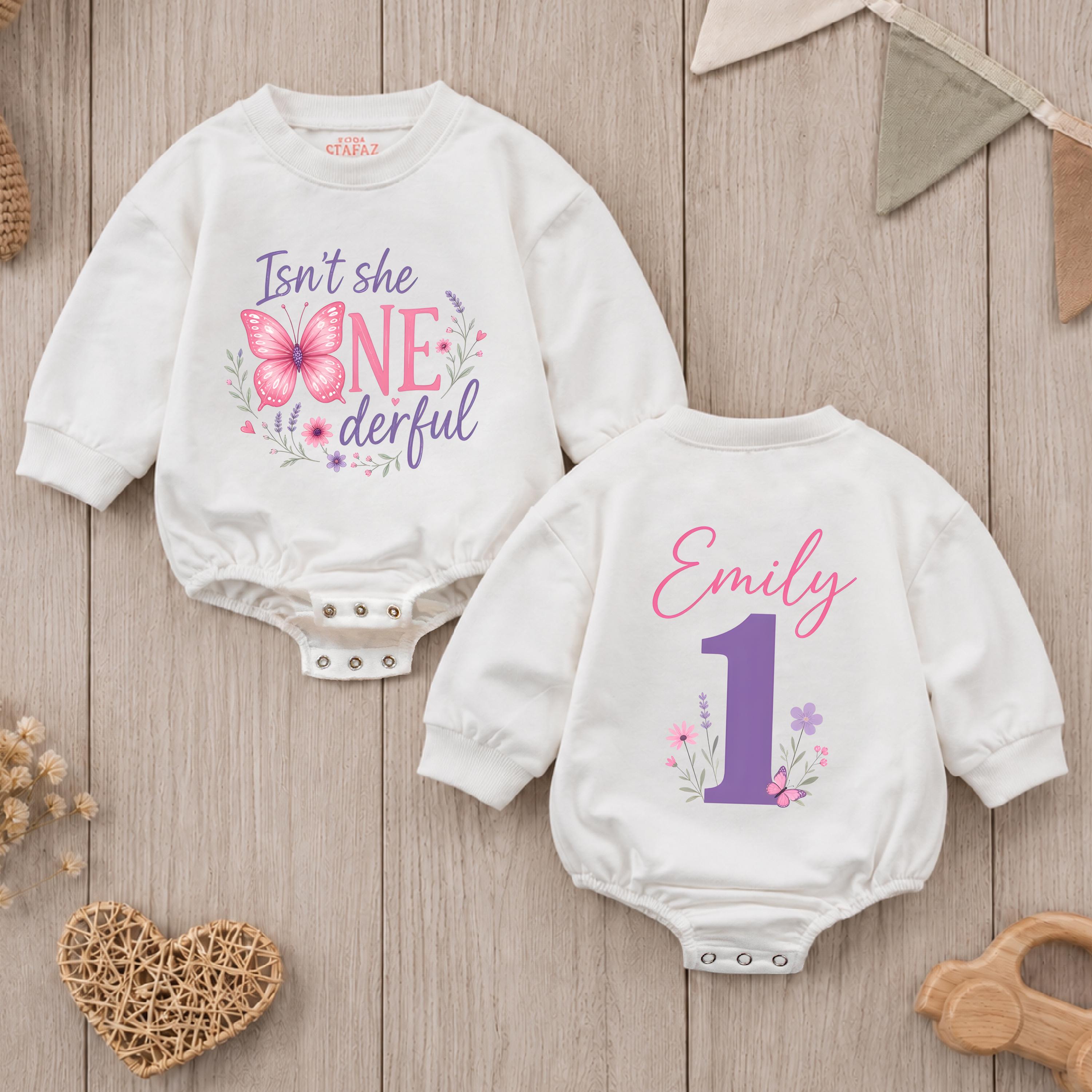 Isn't She ONEderful Butterfly Birthday Romper with Custom Name, Girl's 1st Birthday Cake Smash Outfit, Floral Baby Bubble Romper