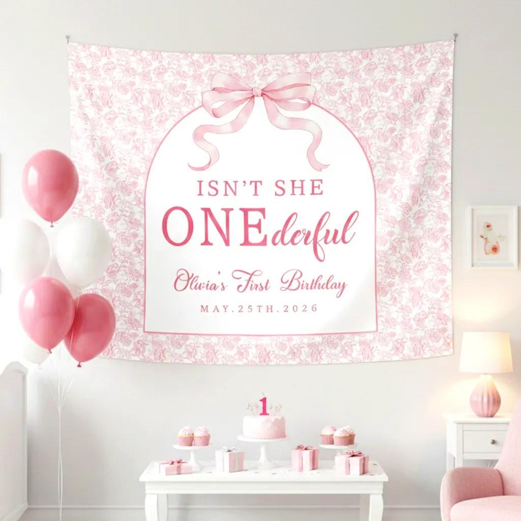 Isn't She Onederful Pink Floral Birthday Banner Personalized 1st Birthday Backdrop with Bow for Baby Girl Party Decorations