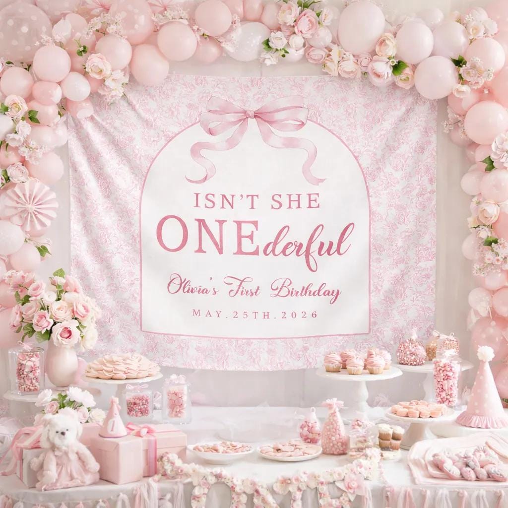 Isn't She Onederful Pink Floral Birthday Banner Personalized 1st Birthday Backdrop with Bow for Baby Girl Party Decorations