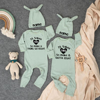It Takes Two Baby Bodysuit Funny Twins Outfit Soft Cotton Newborn Gift Adorable Twin Coming Home Clothes Sage Green Heart Design