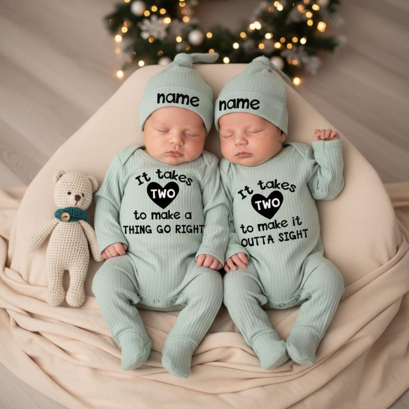 It Takes Two Baby Bodysuit Funny Twins Outfit Soft Cotton Newborn Gift Adorable Twin Coming Home Clothes Sage Green Heart Design