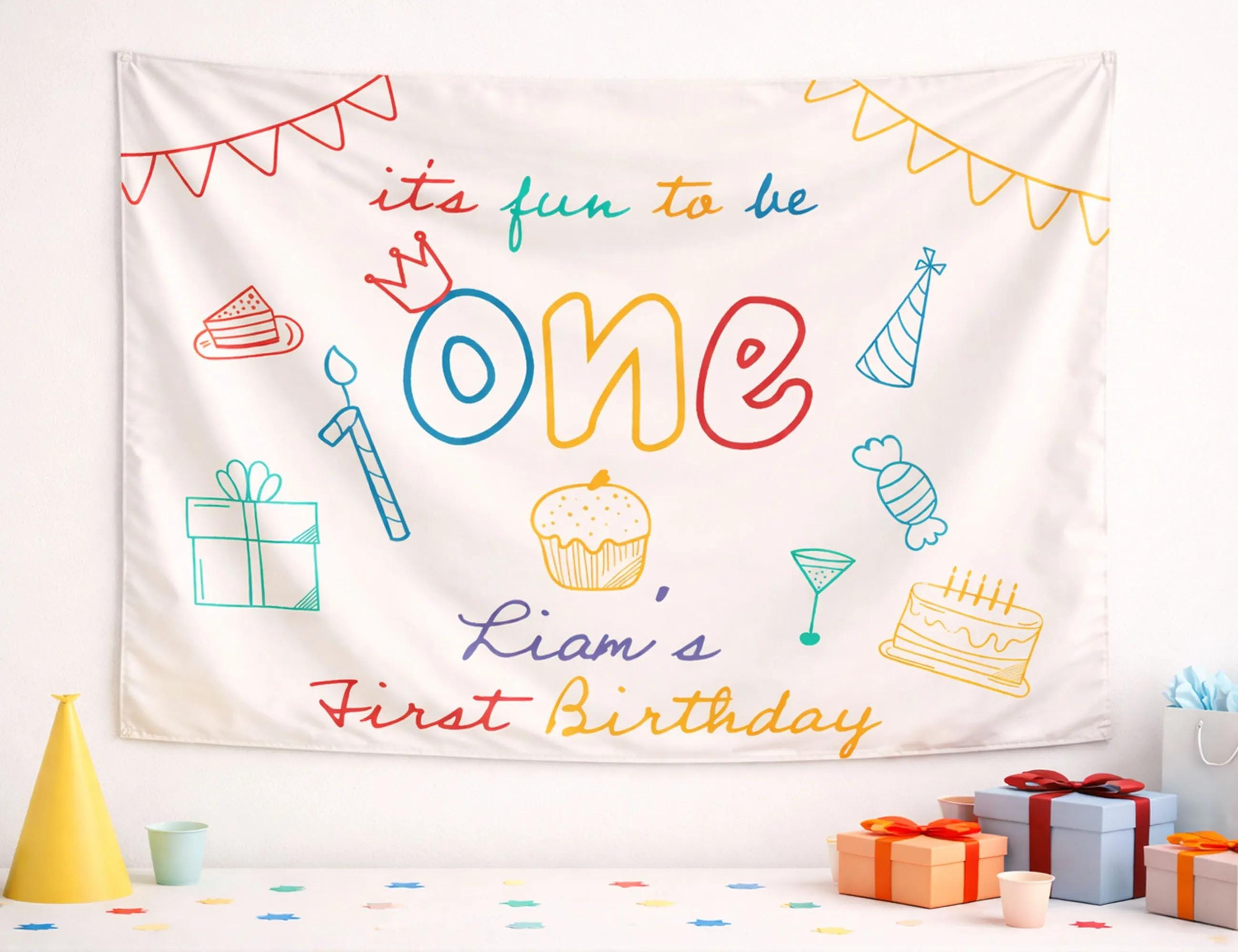 It's Fun to Be One First Birthday Outfit for Baby with Party Banner, Soft Cotton Romper, Fun One Theme Decor for Celebrations