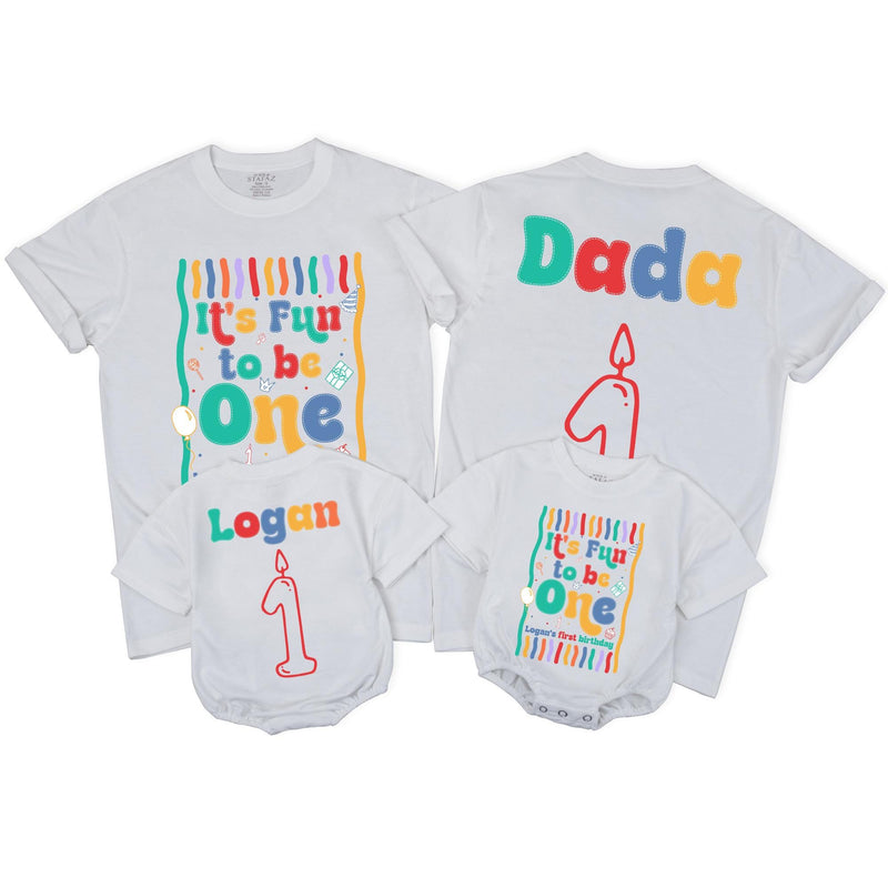 It's Fun to Be One Matching Family Shirts, Colorful First Birthday Outfit for Boys or Girls, Custom Toddler Party Shirts Mom Dad Gift