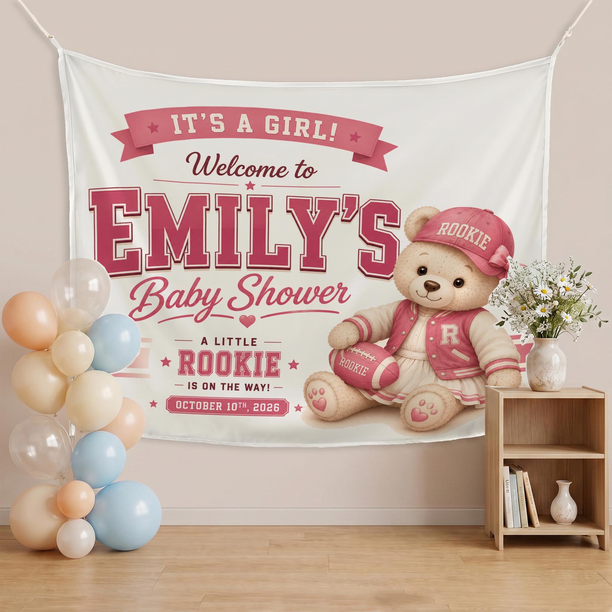 It's a Girl! Pink Teddy Bear Baby Shower Banner with Custom Name and Date, Sports-Themed Rookie Party Backdrop Decoration
