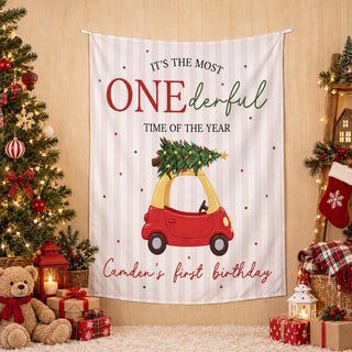It's the Most ONEderful Time of the Year Silk Banner with Custom Name, 1st Birthday Christmas Backdrop for Kids Party & Photos