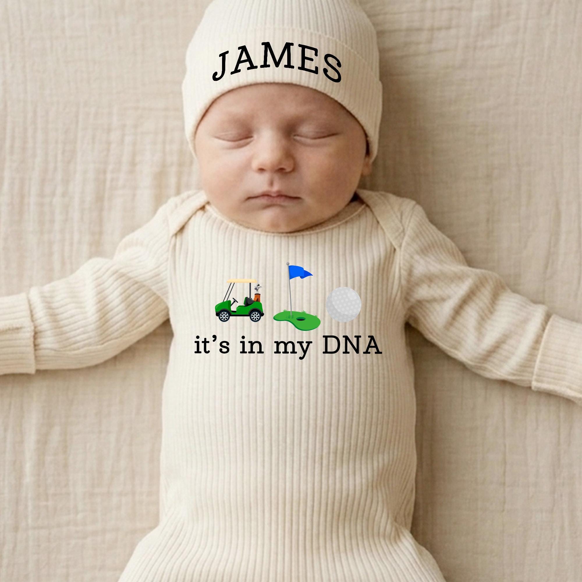 It's in My DNA Golf Baby Bodysuit with Matching Custom Name Hat, Newborn Coming Home Outfit, Baby Shower Gift for Boys