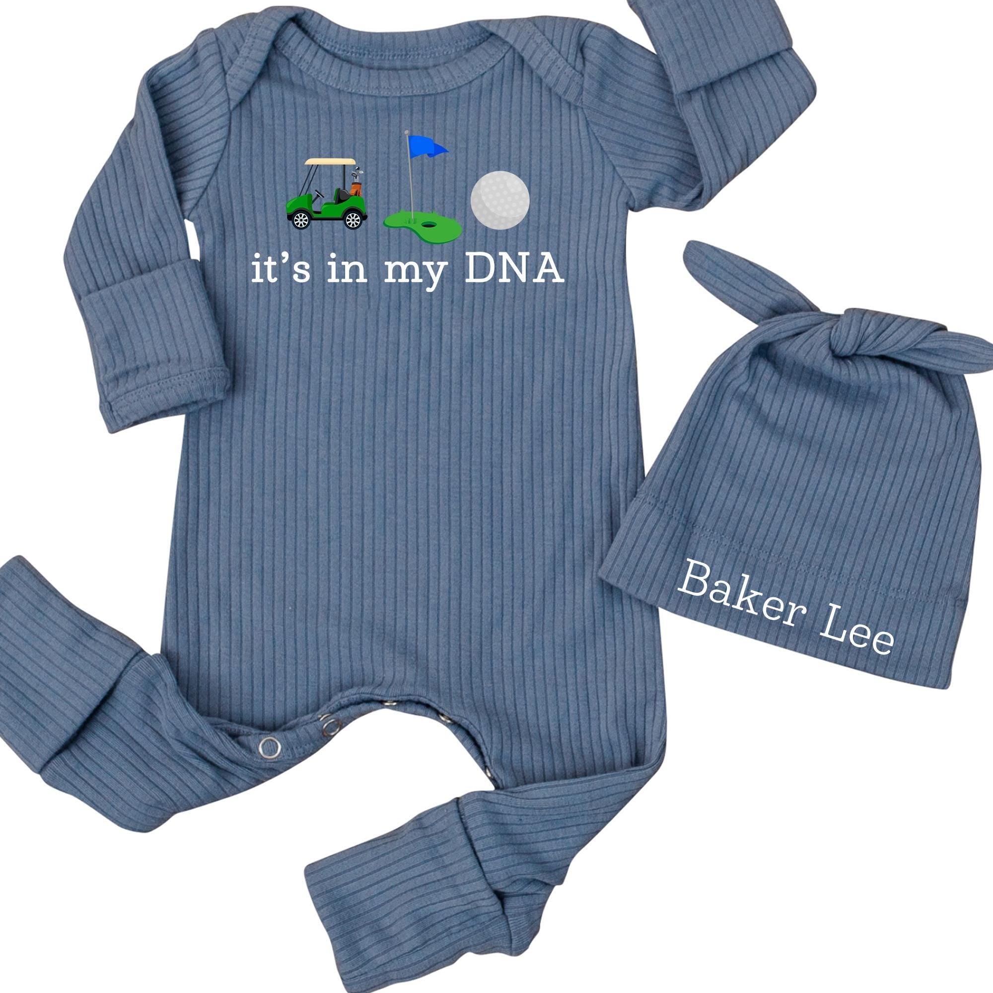 It's in My DNA Golf Baby Bodysuit with Matching Custom Name Hat, Newborn Coming Home Outfit, Baby Shower Gift for Boys