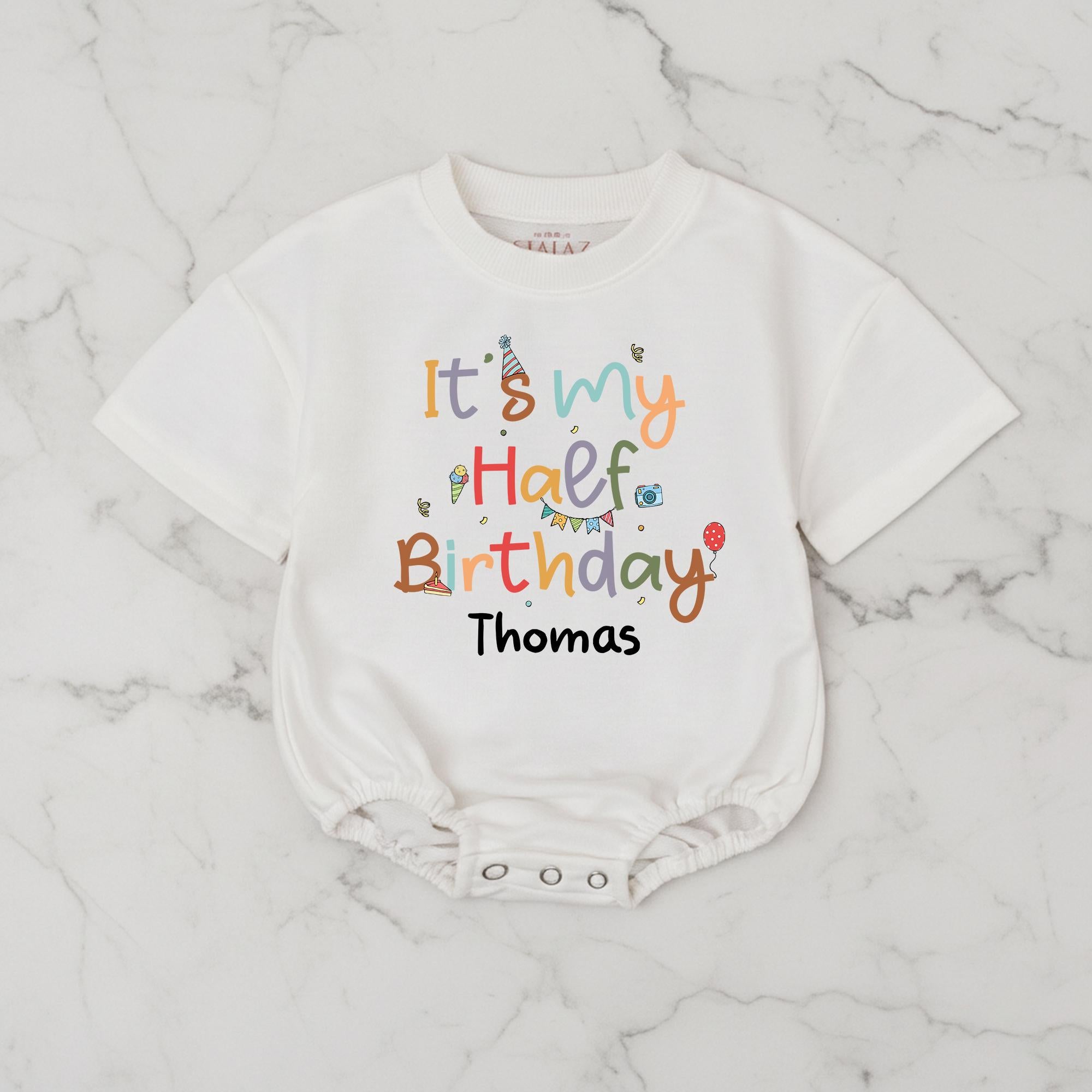 It's My Half Birthday Baby Romper with Custom Name, Colorful Party Design, 6 Month Milestone Outfit, Half Way to One Baby Gift