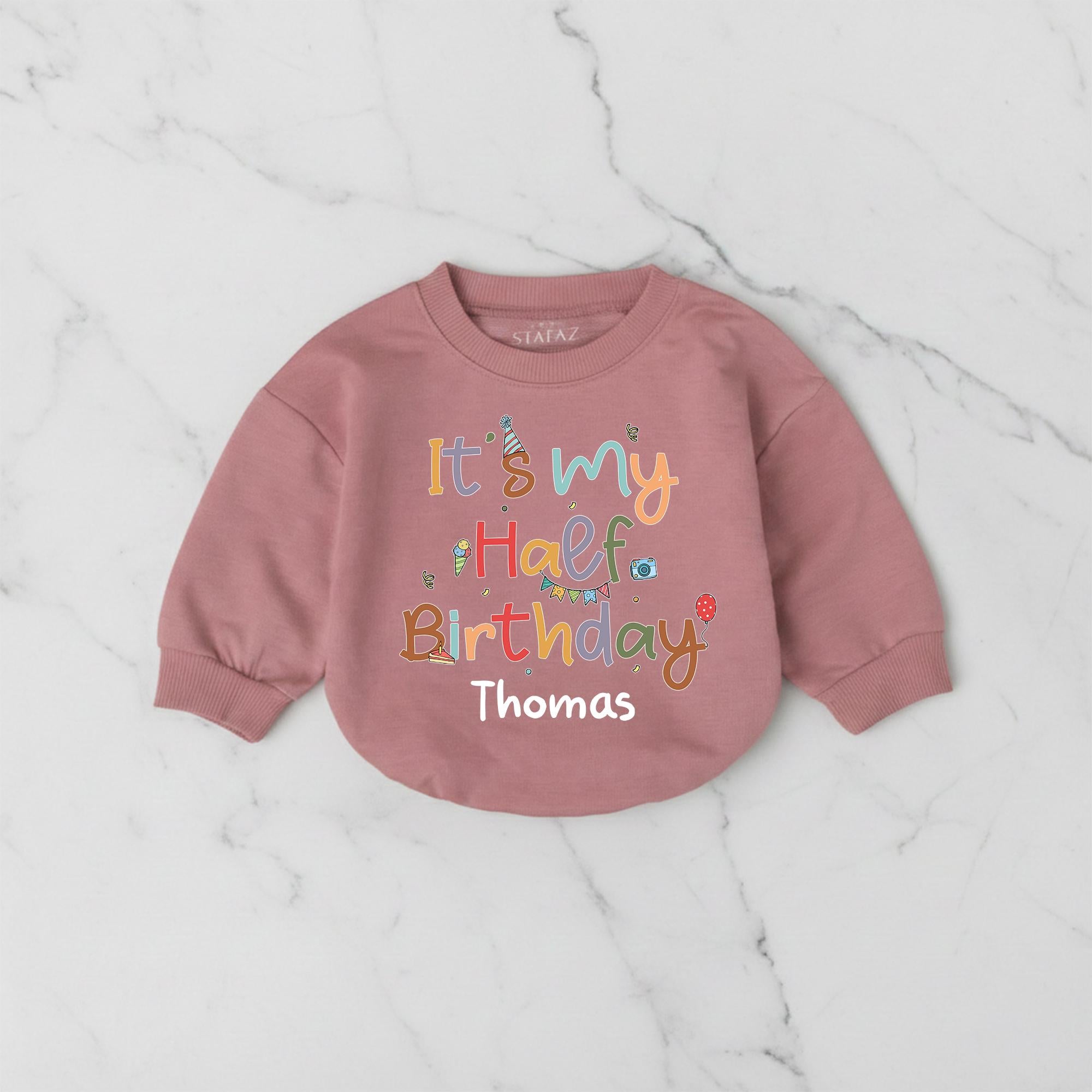 It's My Half Birthday Baby Romper with Custom Name, Colorful Party Design, 6 Month Milestone Outfit, Half Way to One Baby Gift