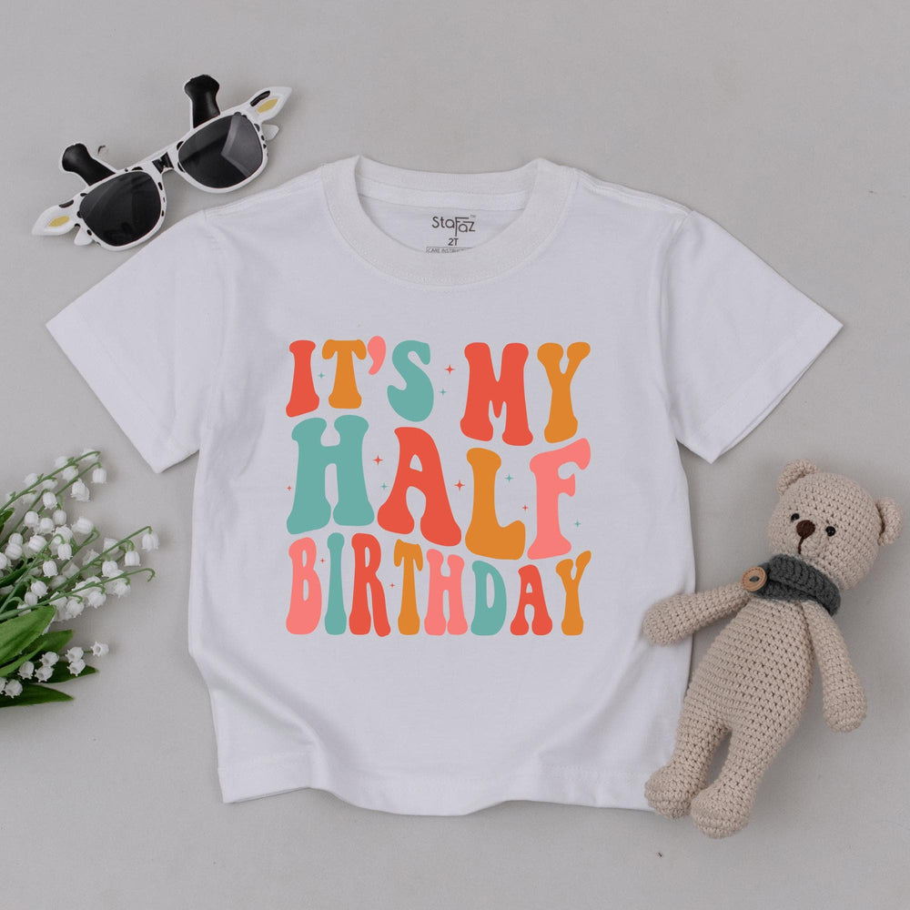 It's My Half Birthday Baby T-Shirt with Retro Groovy Design 6 Months Toddler Outfit Teal Coral Yellow Cotton Comfortable Birthday Gift