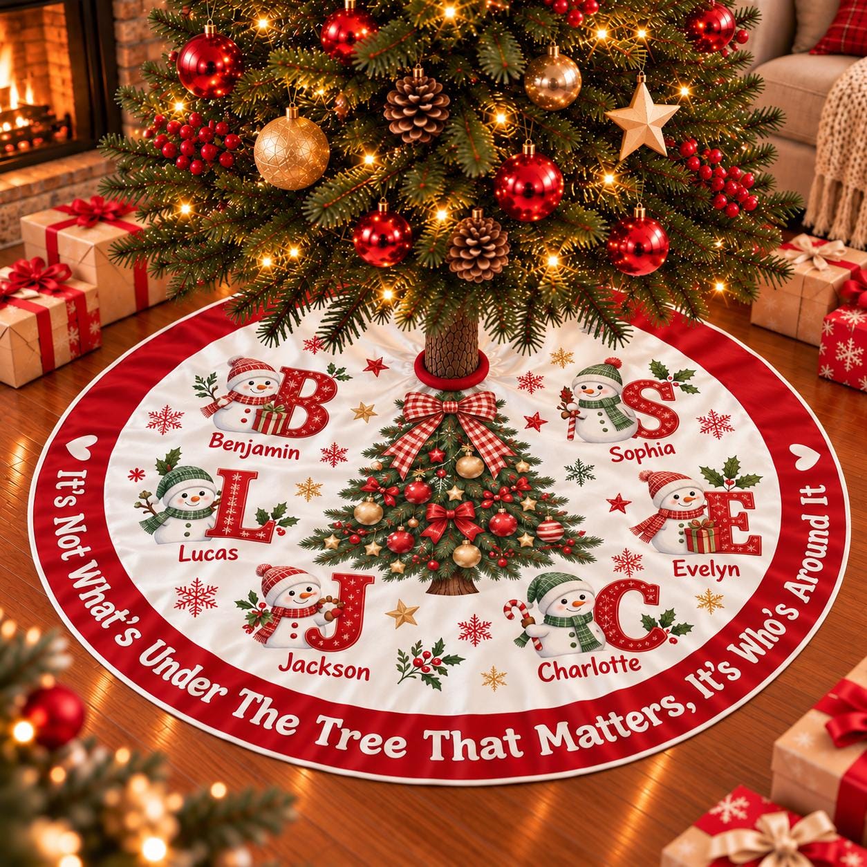 'It's Not What's Under The Tree' Christmas Tree Skirt with Snowman Design, Personalized Names, Rustic Holiday Decor for Families