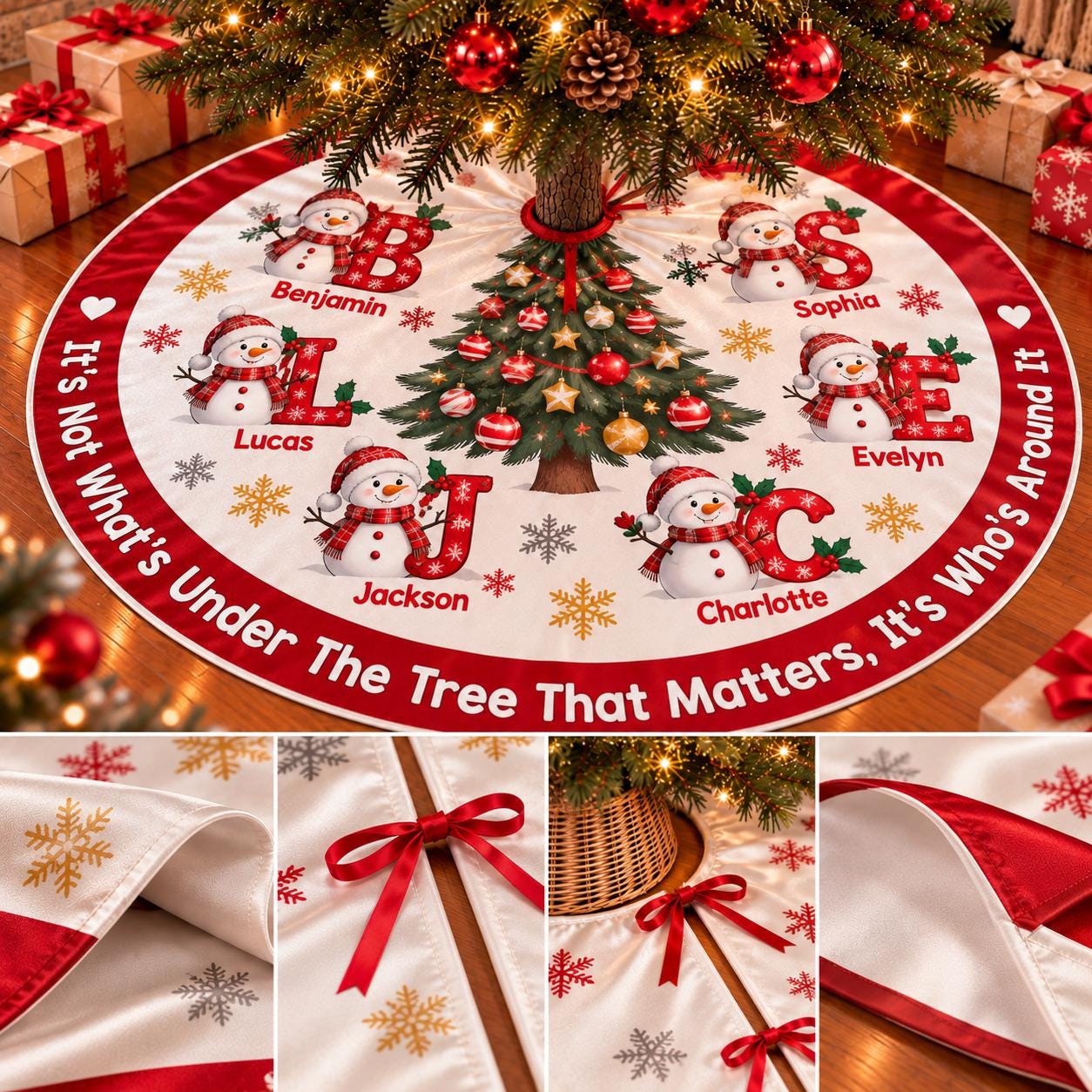 'It's Not What's Under The Tree' Christmas Tree Skirt with Snowman Design, Personalized Names, Rustic Holiday Decor for Families