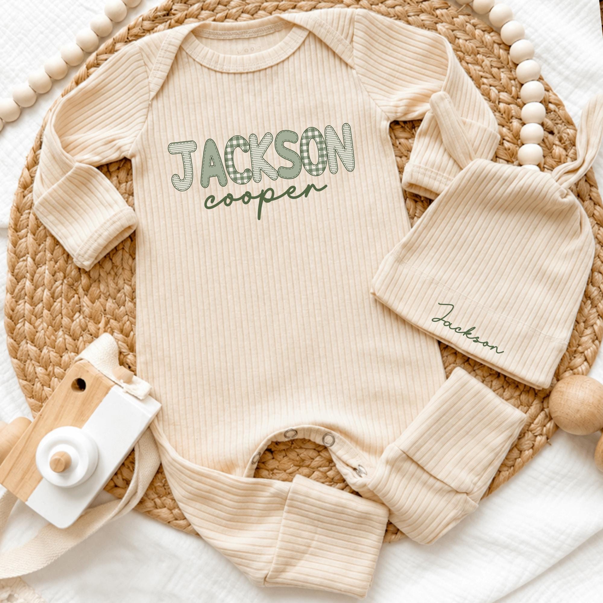 Jackson Cooper Baby Name Bodysuit & Hat Set, Sage Green Ribbed Coming Home Outfit, Personalized Newborn Hospital Clothes