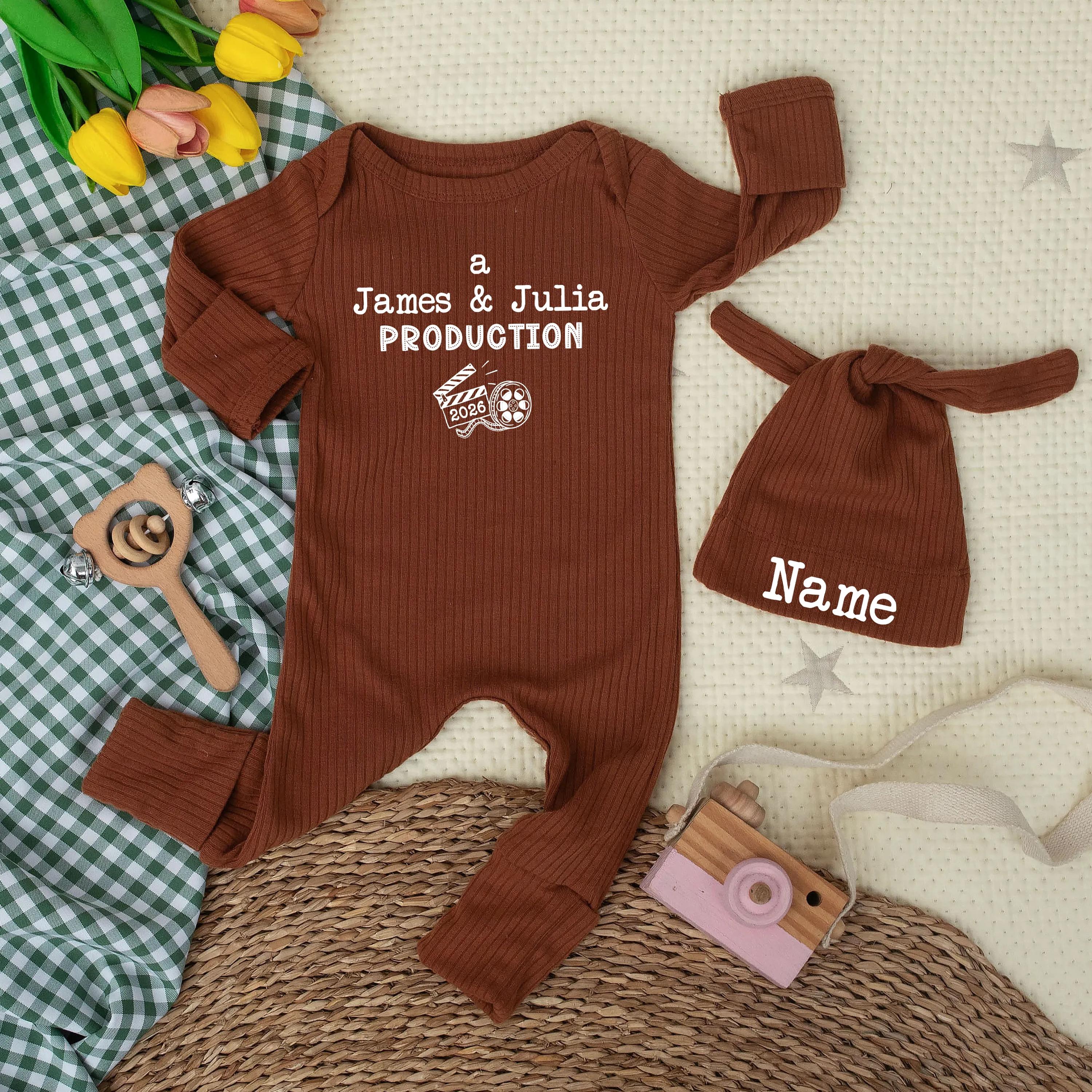 A James & Julia Production Baby Bodysuit and Hat Set with Custom Name, Newborn Announcement Outfit, Baby Shower Gift