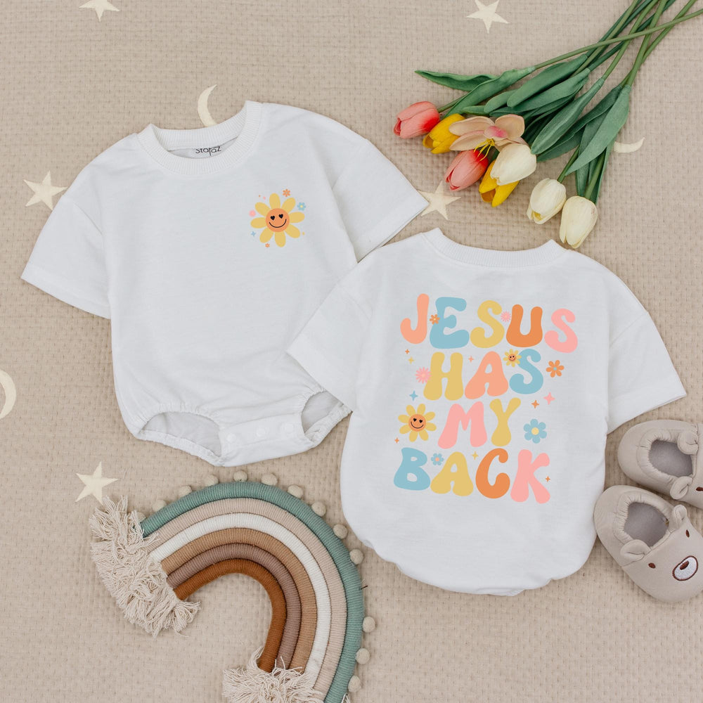 Jesus Has My Back Baby Romper with Smiling Flower Retro Boho Design Christian Infant Outfit Soft Cotton Gift for Church or Birthday