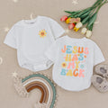 Jesus Has My Back Baby Romper with Smiling Flower Retro Boho Design Christian Infant Outfit Soft Cotton Gift for Church or Birthday