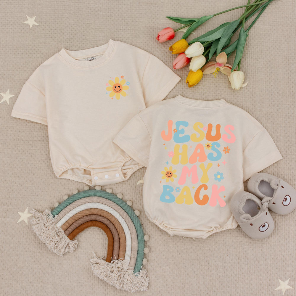 Jesus Has My Back Baby Romper with Smiling Flower Retro Boho Design Christian Infant Outfit Soft Cotton Gift for Church or Birthday