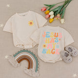 Jesus Has My Back Baby Romper with Smiling Flower Retro Boho Design Christian Infant Outfit Soft Cotton Gift for Church or Birthday