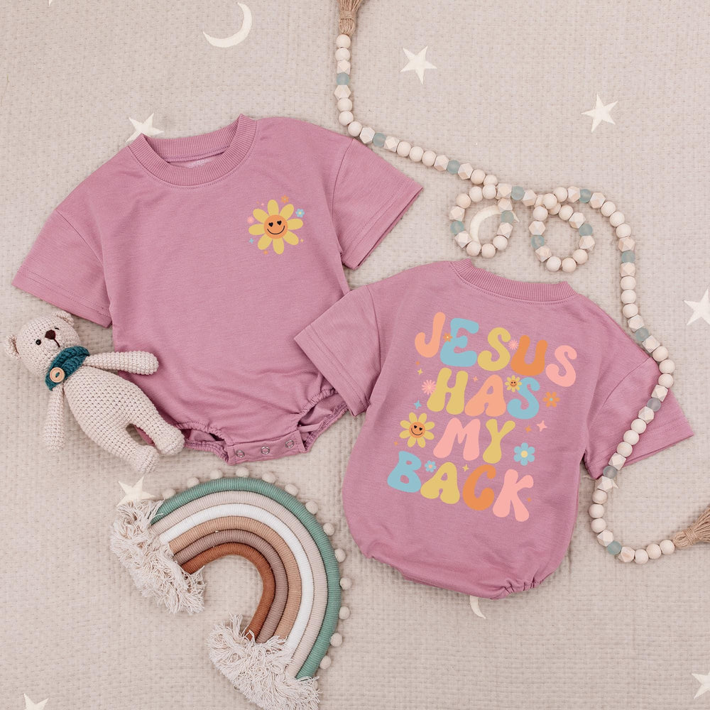 Jesus Has My Back Baby Romper with Smiling Flower Retro Boho Design Christian Infant Outfit Soft Cotton Gift for Church or Birthday