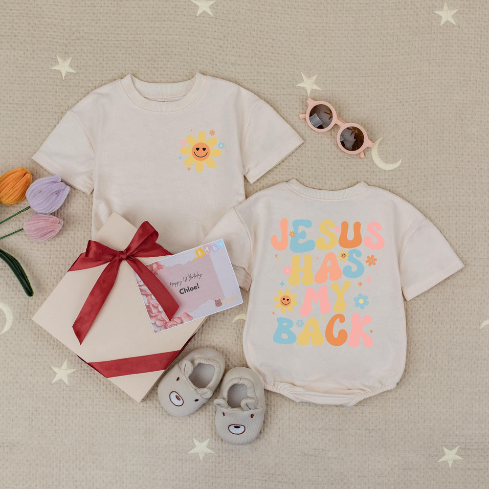Jesus Has My Back Baby Romper with Smiling Flower Retro Boho Design Christian Infant Outfit Soft Cotton Gift for Church or Birthday