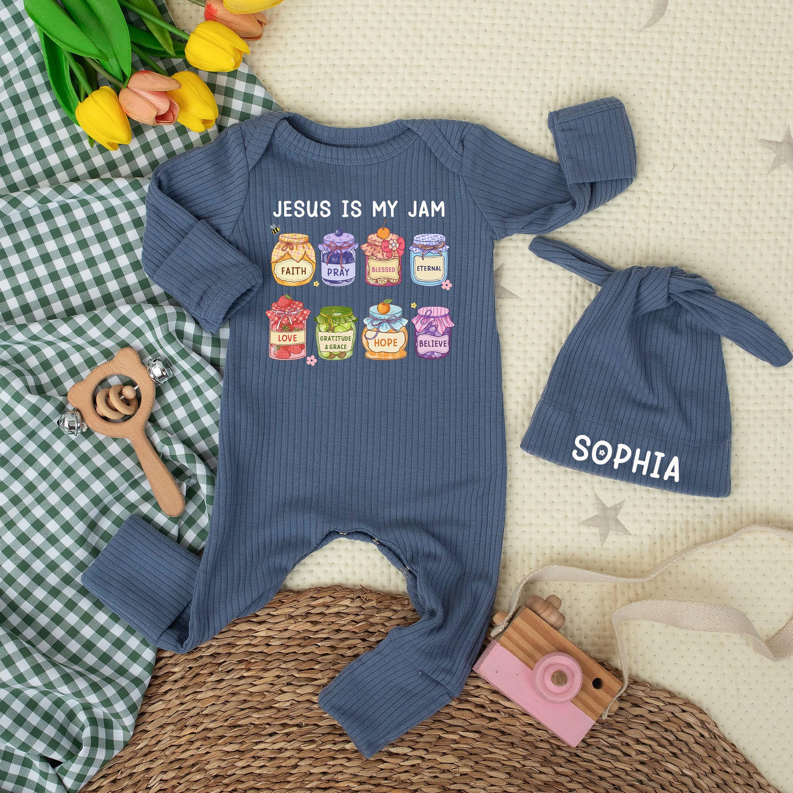 Jesus Is My Jam Baby Bodysuit with Colorful Jam Jar Design and Custom Name Hat, Newborn Christian Outfit, Religious Baby Shower Gift