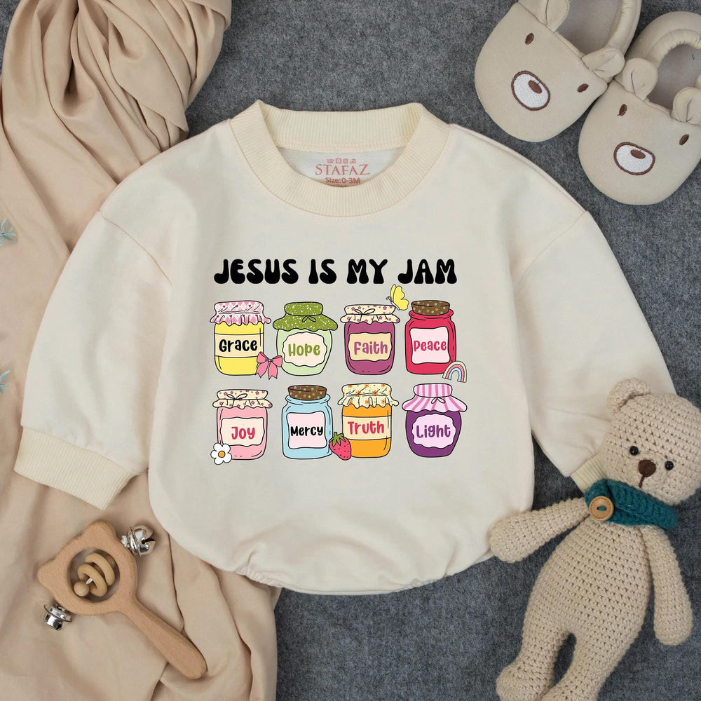 Jesus Is My Jam Baby Romper with Colorful Faith Jars Christian Toddler Clothes Soft Cotton Outfit Newborn Gift for Little Blessings