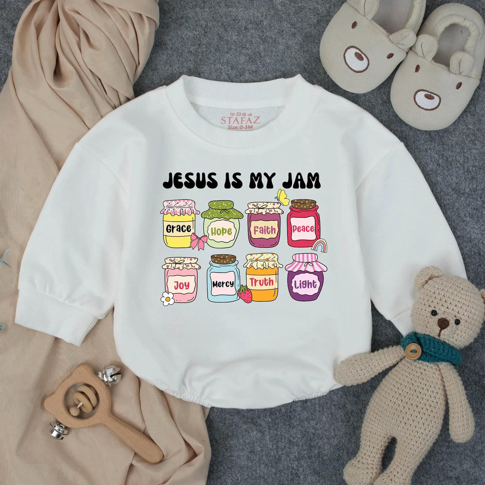 Jesus Is My Jam Baby Romper with Colorful Faith Jars Christian Toddler Clothes Soft Cotton Outfit Newborn Gift for Little Blessings