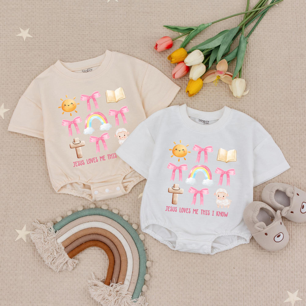 Jesus Loves Me This I Know Baby Romper with Pastel Watercolor Lamb and Rainbow Design Soft Cotton Christian Toddler Girl Gift Outfit