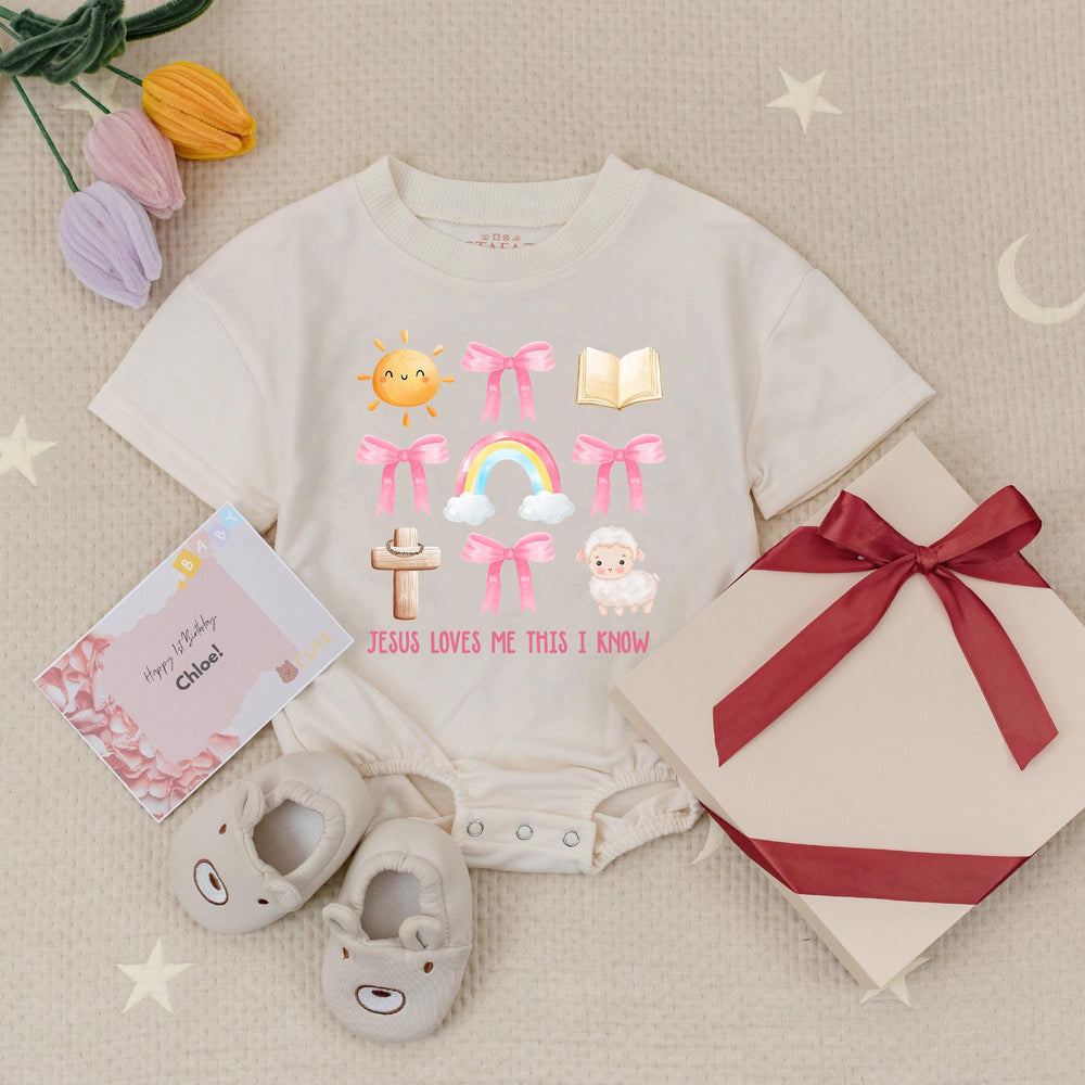 Jesus Loves Me This I Know Baby Romper with Pastel Watercolor Lamb and Rainbow Design Soft Cotton Christian Toddler Girl Gift Outfit