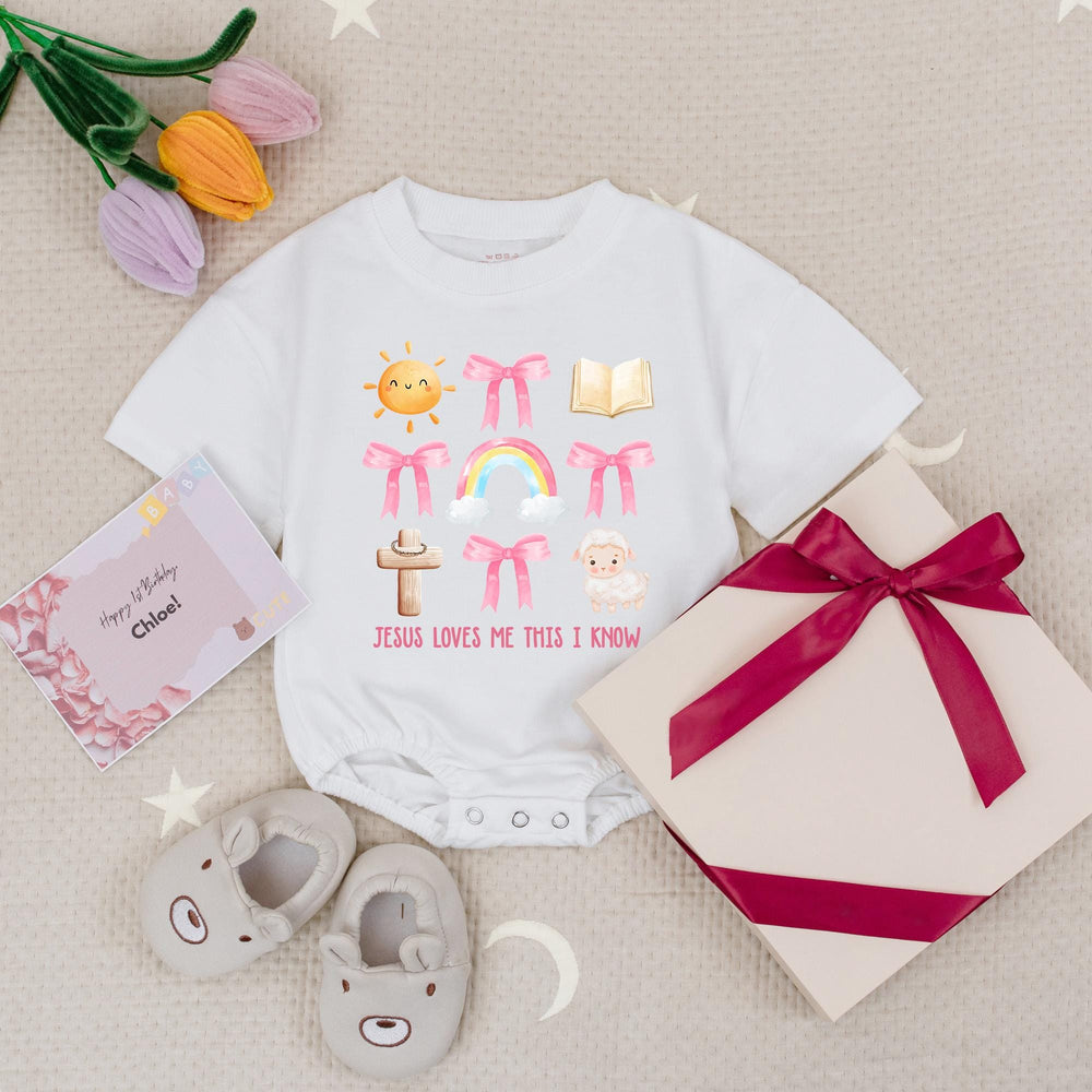 Jesus Loves Me This I Know Baby Romper with Pastel Watercolor Lamb and Rainbow Design Soft Cotton Christian Toddler Girl Gift Outfit