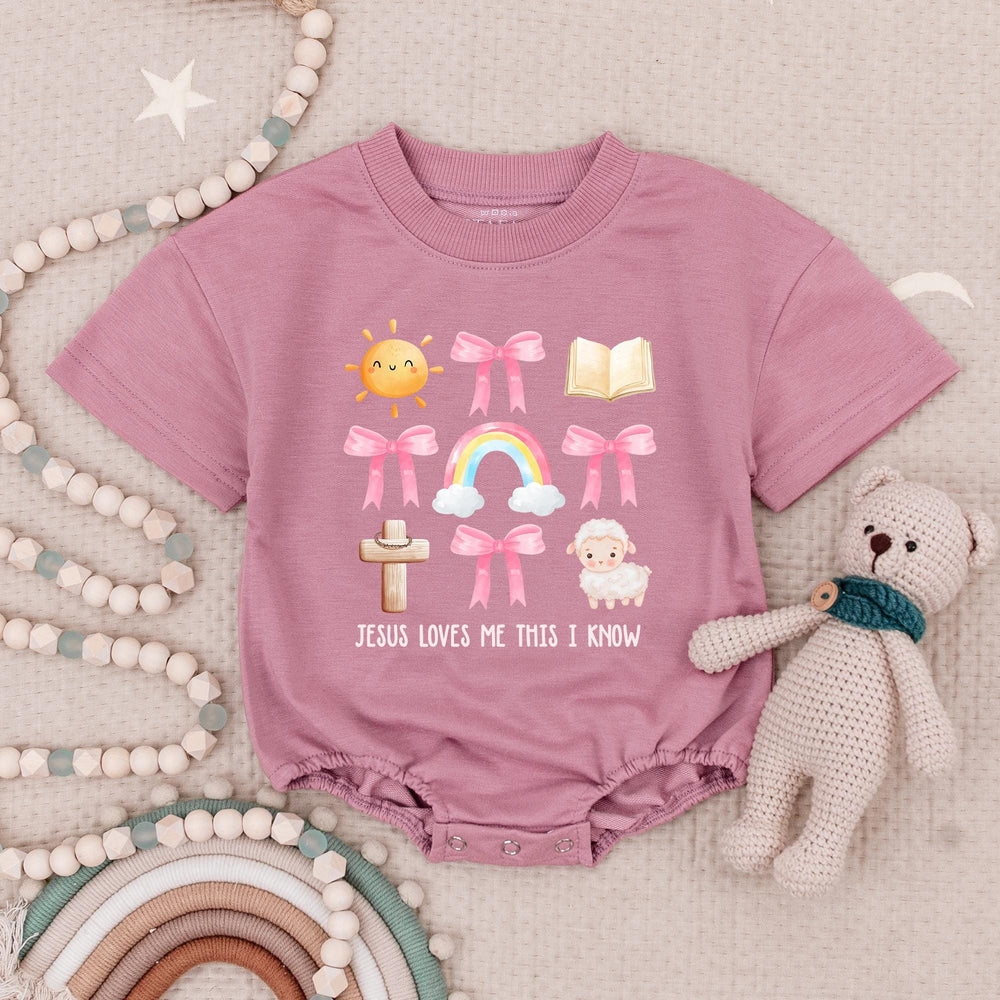 Jesus Loves Me This I Know Baby Romper with Pastel Watercolor Lamb and Rainbow Design Soft Cotton Christian Toddler Girl Gift Outfit