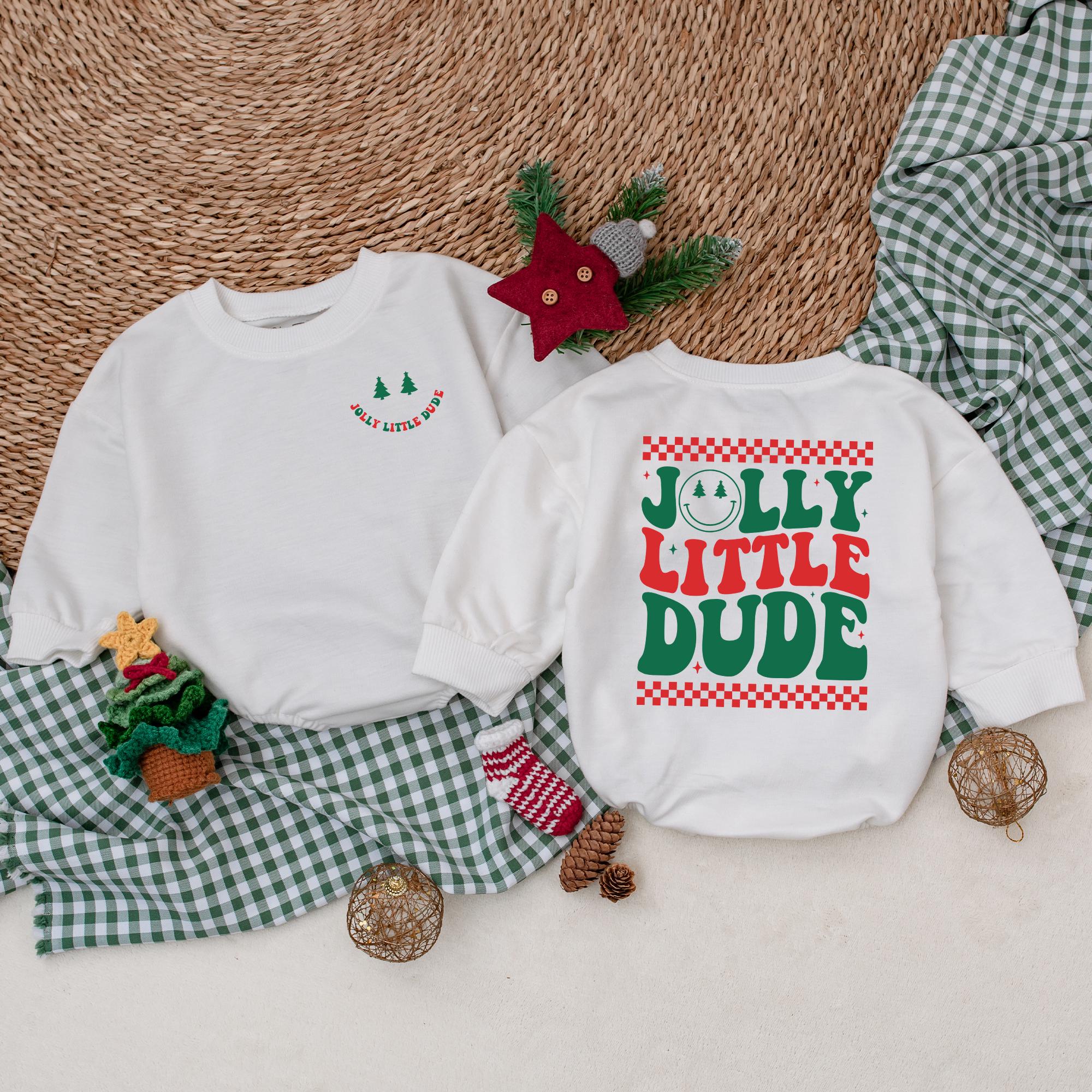 Jolly Little Dude Christmas Romper Baby Boy Holiday Bodysuit Festive Outfit Winter Clothes Smiley Face Design Gift Idea Vibrant Patterns