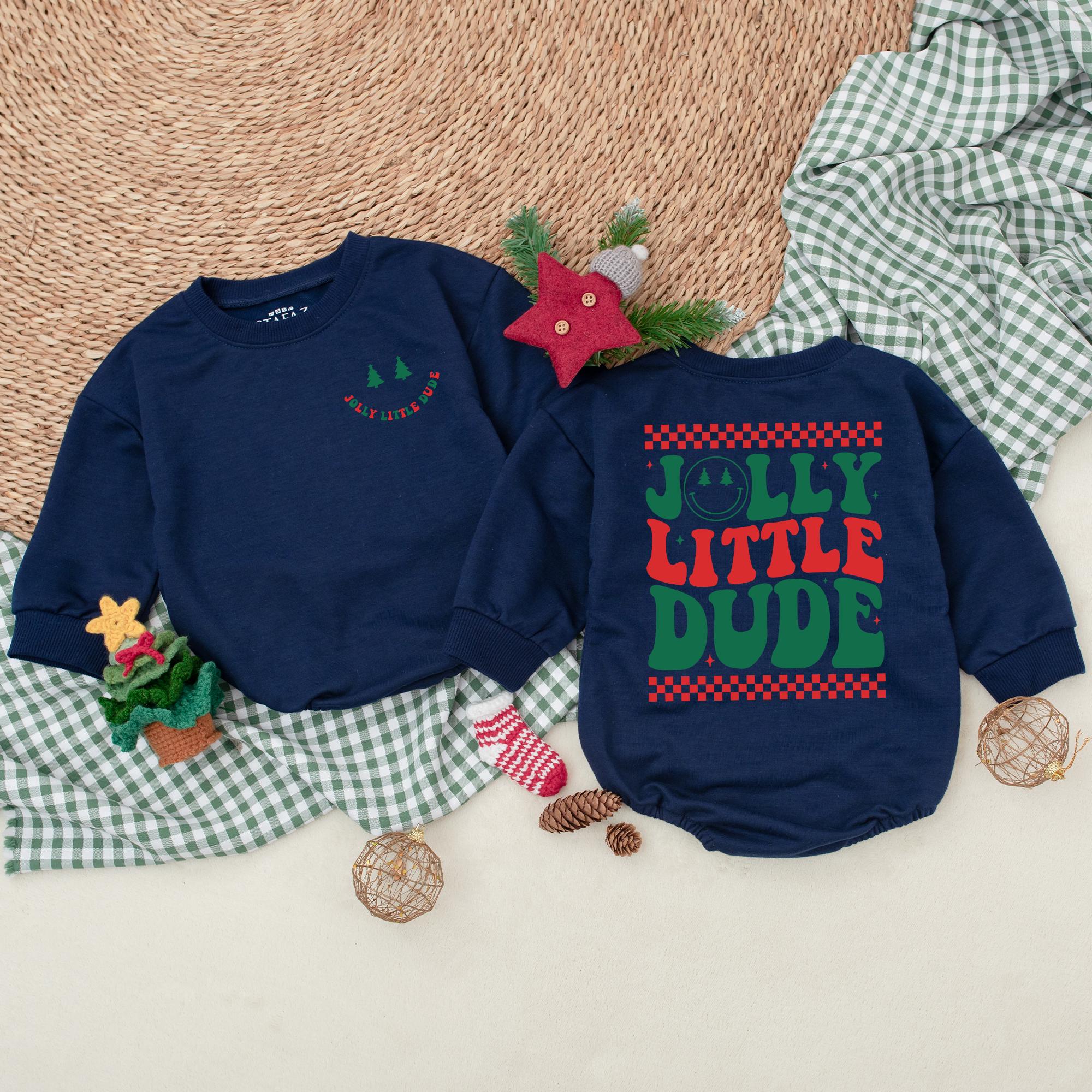 Jolly Little Dude Christmas Romper Baby Boy Holiday Bodysuit Festive Outfit Winter Clothes Smiley Face Design Gift Idea Vibrant Patterns
