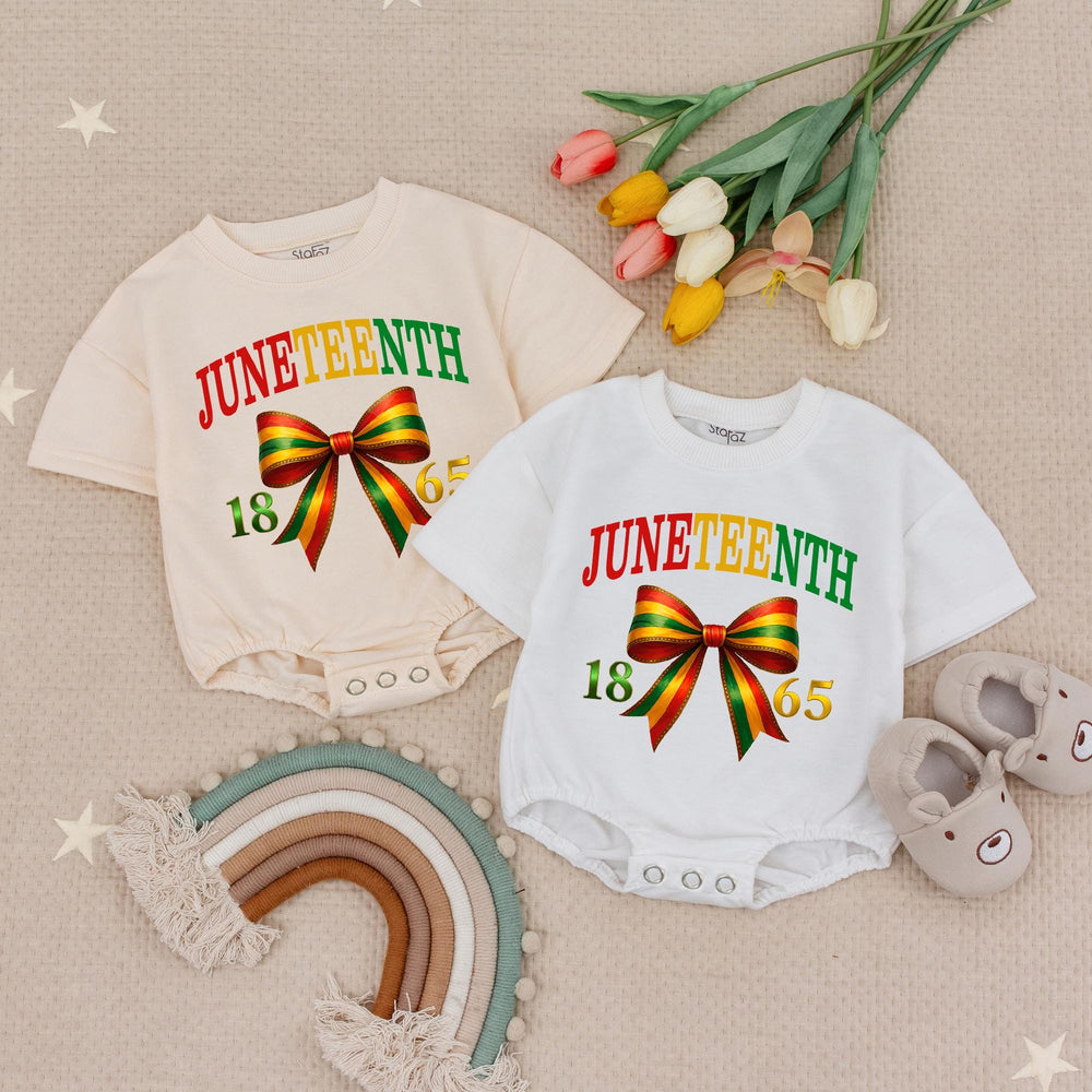 Juneteenth Baby Romper with 1865 Freedom Bow, Pan-African Colors Outfit for Infant or Toddler Celebrations, Soft Cotton Bubble Style