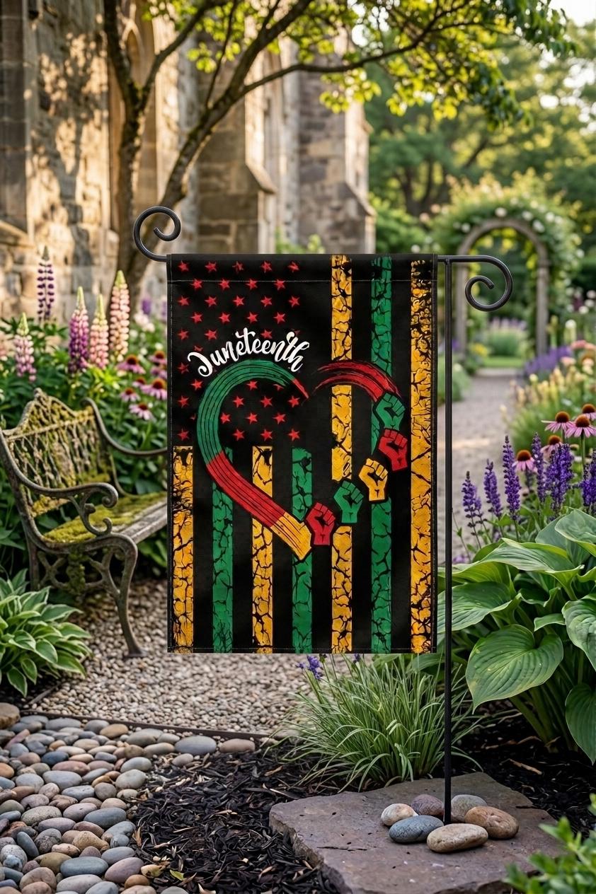 Juneteenth Garden Flag with Distressed African American Flag Design, Bold Freedom Celebration Outdoor Decor with Red Stars and Raised Fists